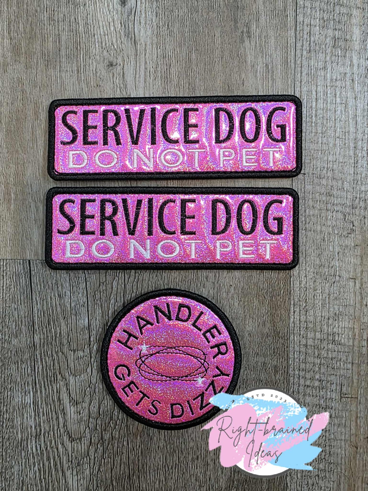 Service Dog Do Not Pet Black and White On Sparkle Pink Holographic Vinyl Three-piece Patch Set