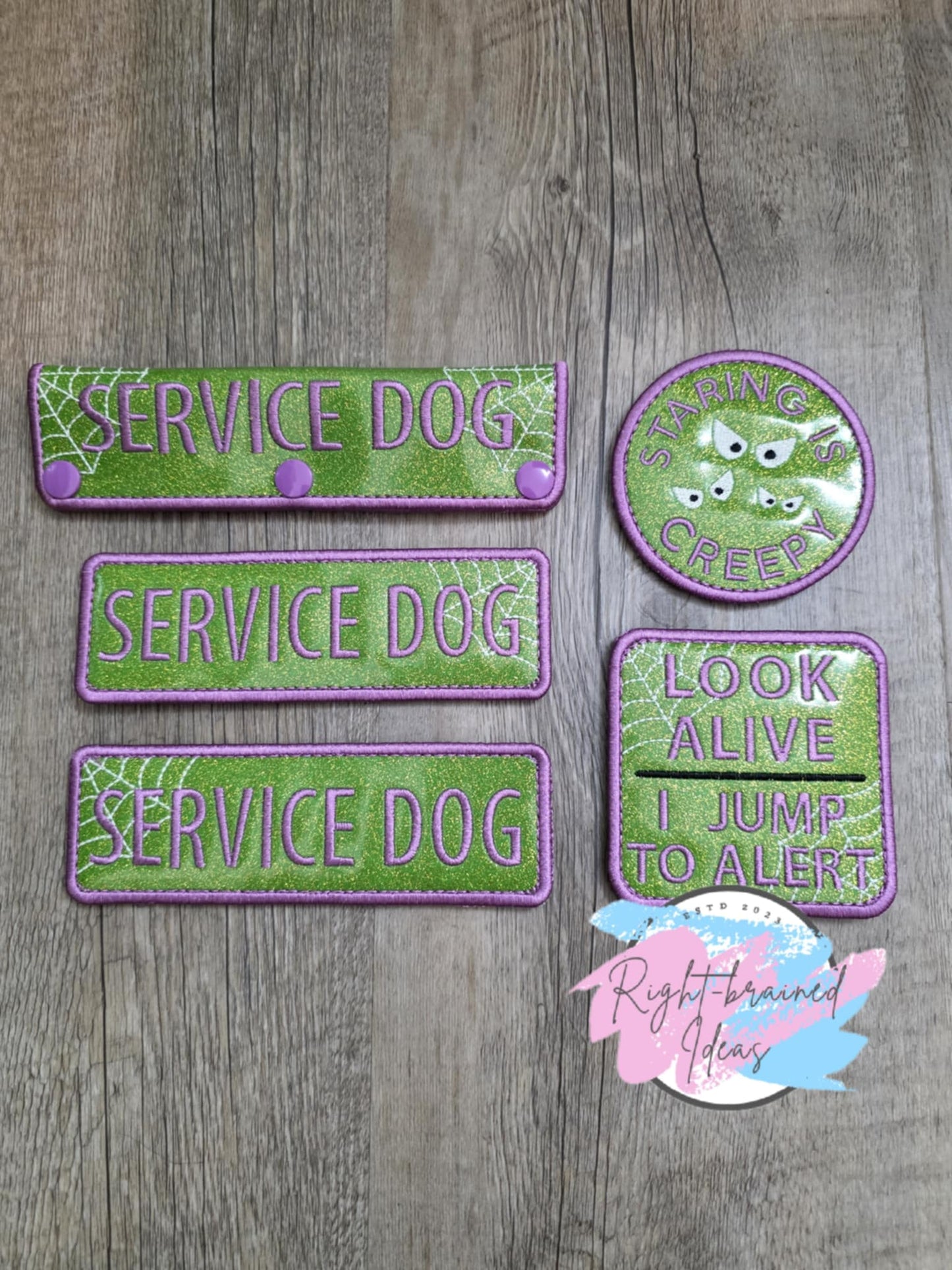 Service Dog Creepy Crawley Inspired Purple, Black and Glow-in-the-Dark White on Sparkle Lime Green Vinyl Five-piece Patch Set
