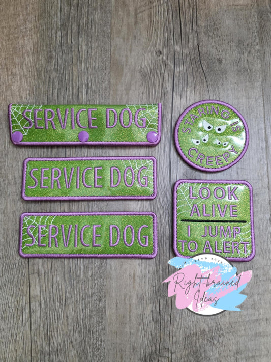 Service Dog Creepy Crawley Inspired Purple, Black and Glow-in-the-Dark White on Sparkle Lime Green Vinyl Five-piece Patch Set