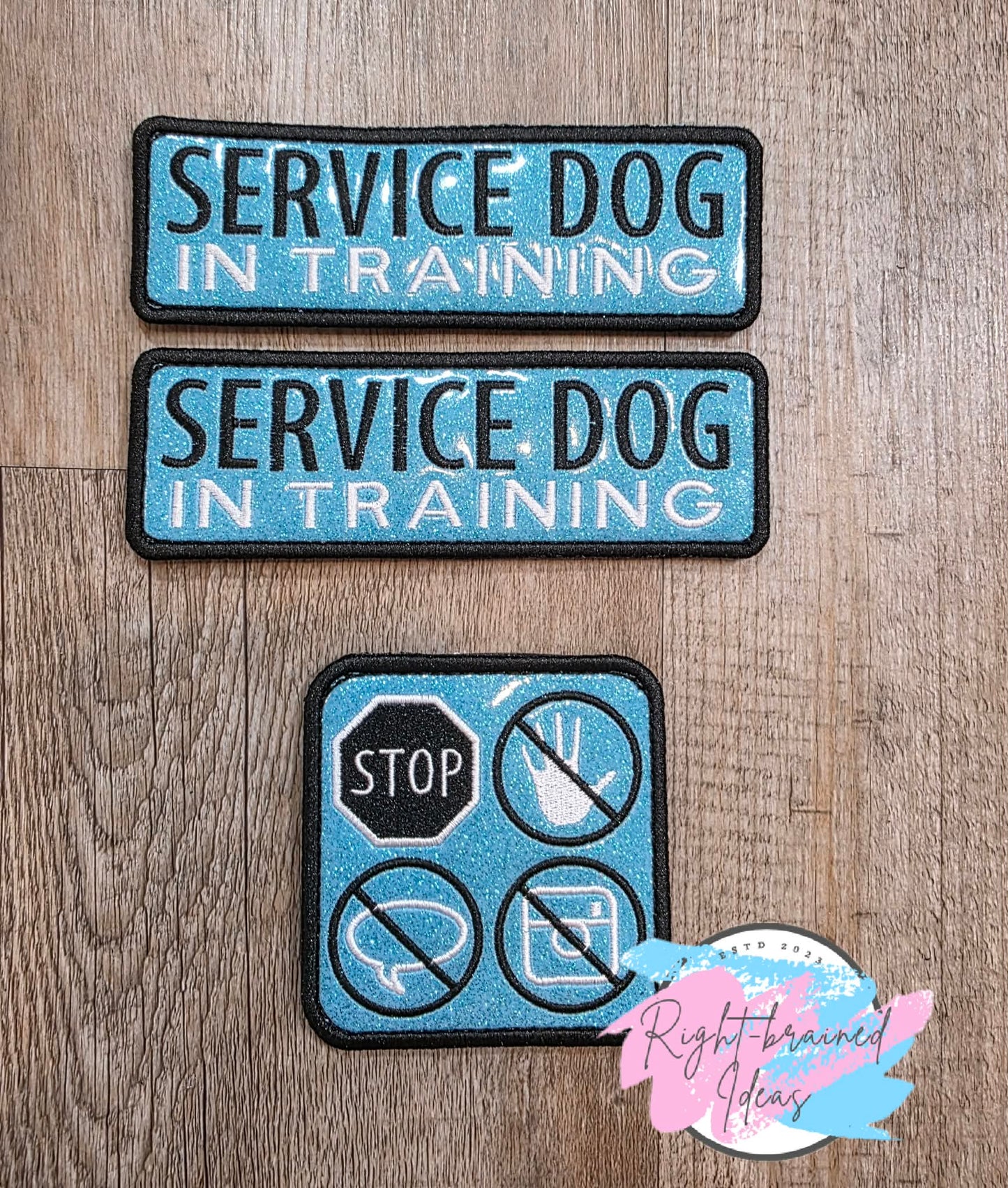 Service Dog In Training Black And White On Sparkle Light Blue Vinyl Three-piece Patch Set