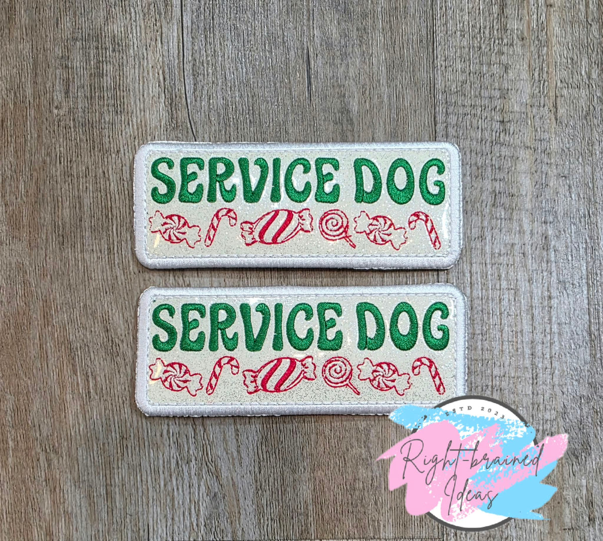 Peppermint Inspired Fun Size Service Dog Red And Green On Sparkle White Vinyl Three-piece Patch Set