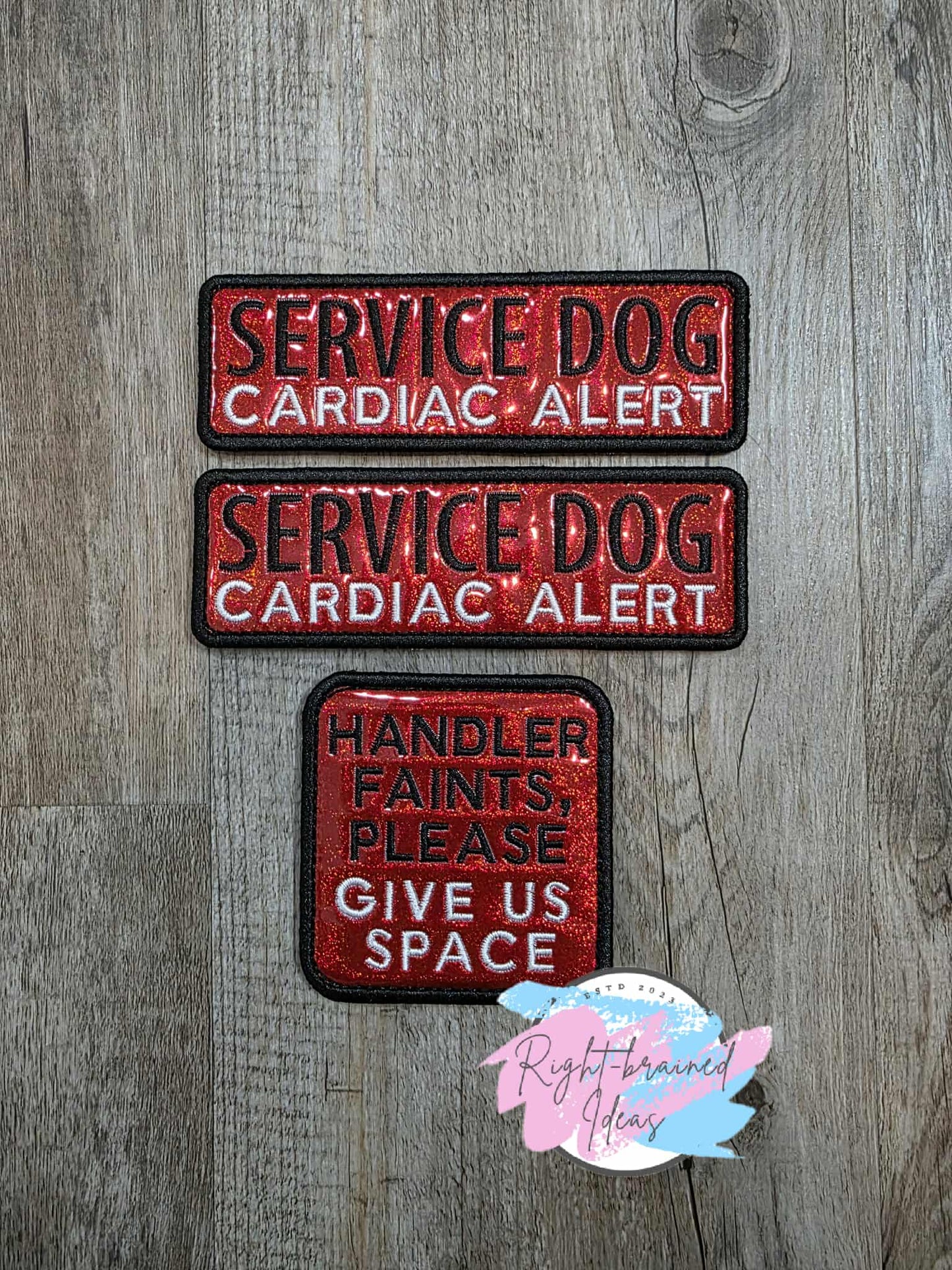 Service Dog Cardiac Alert Black And White On Sparkle Red Holographic Vinyl Three-piece Patch Set