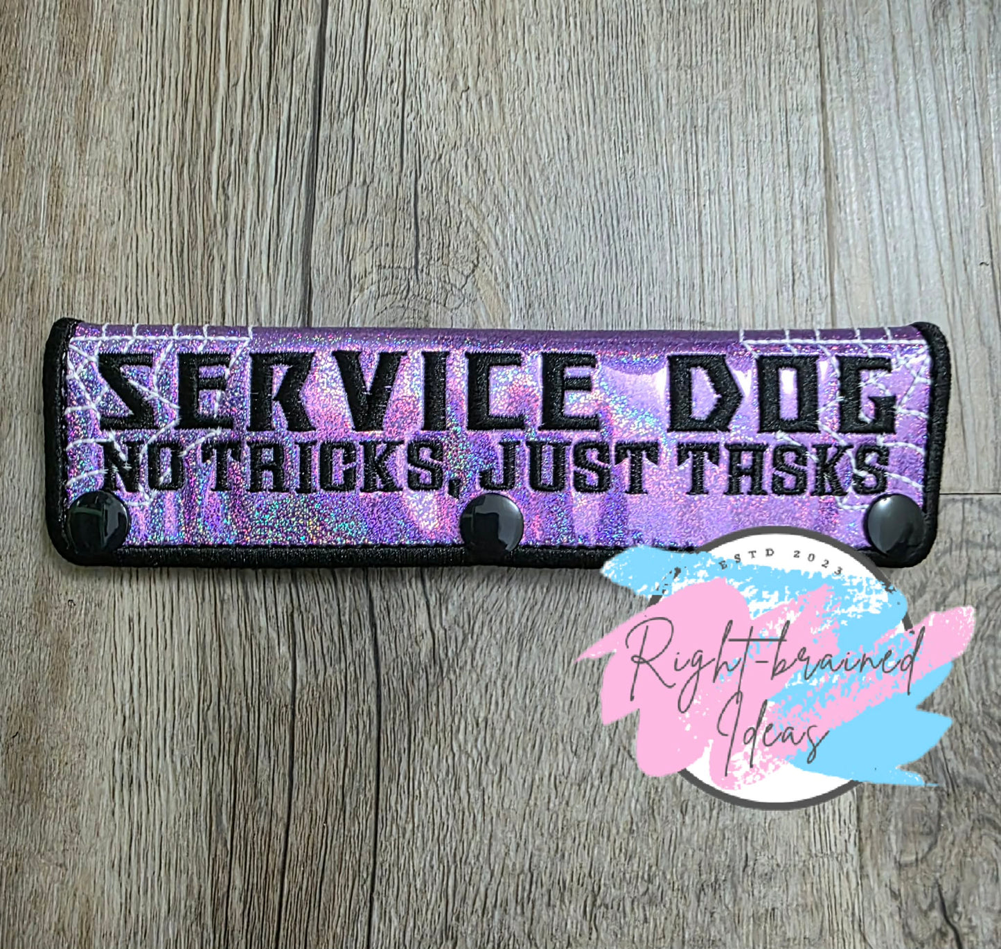 Spooky Season Inspired Service Dog Glow-In-The-Dark White And Black On Sparkle Purple Holographic Vinyl Five-piece Oversized Patch And Leash Wrap Set