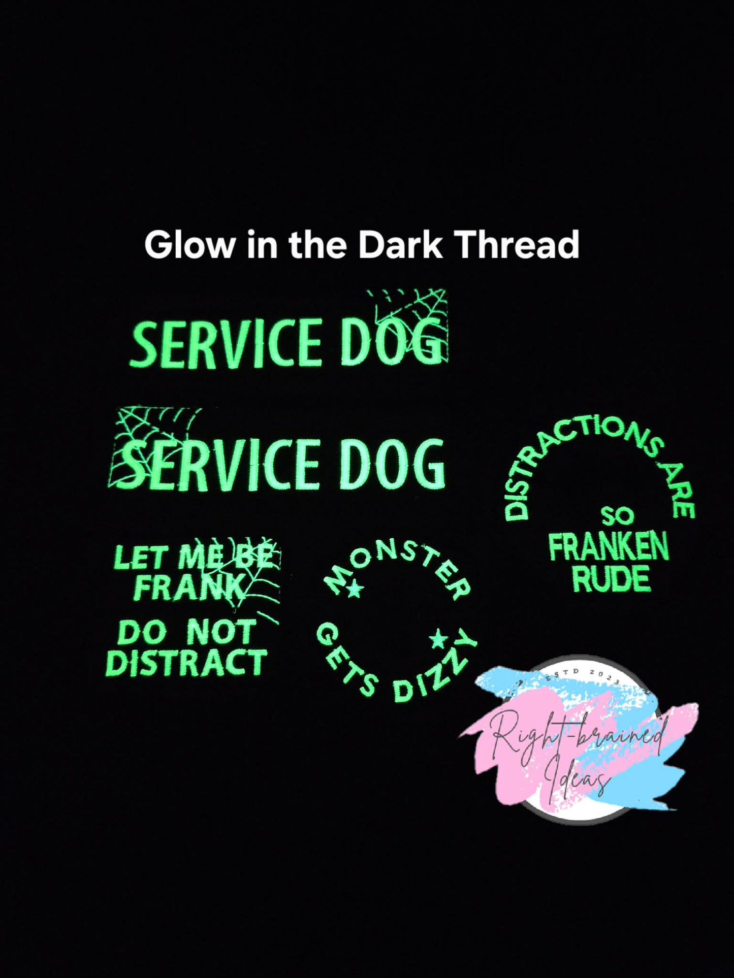 Service Dog Spooky Season Inspired Multi-purpose Glow-In-The-Dark light Green and Black on Lavender Light-Weight High Performance Twill Five-piece Patch and Patch Tab Set