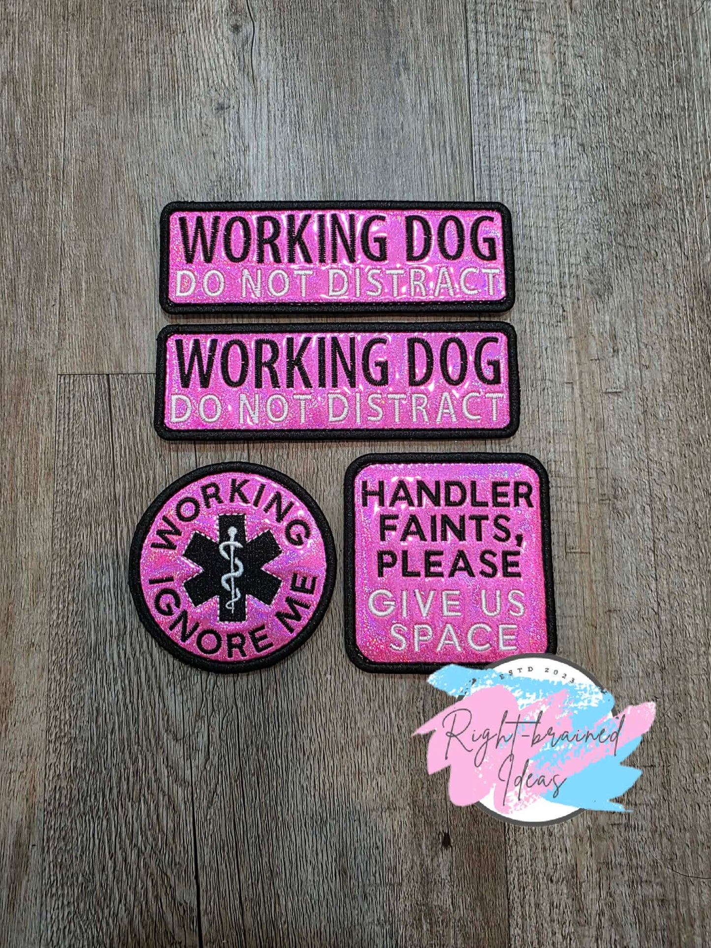 Working Dog Do Not Distract Black And White On Sparkle Pink Holographic Vinyl Four-piece Patch Set
