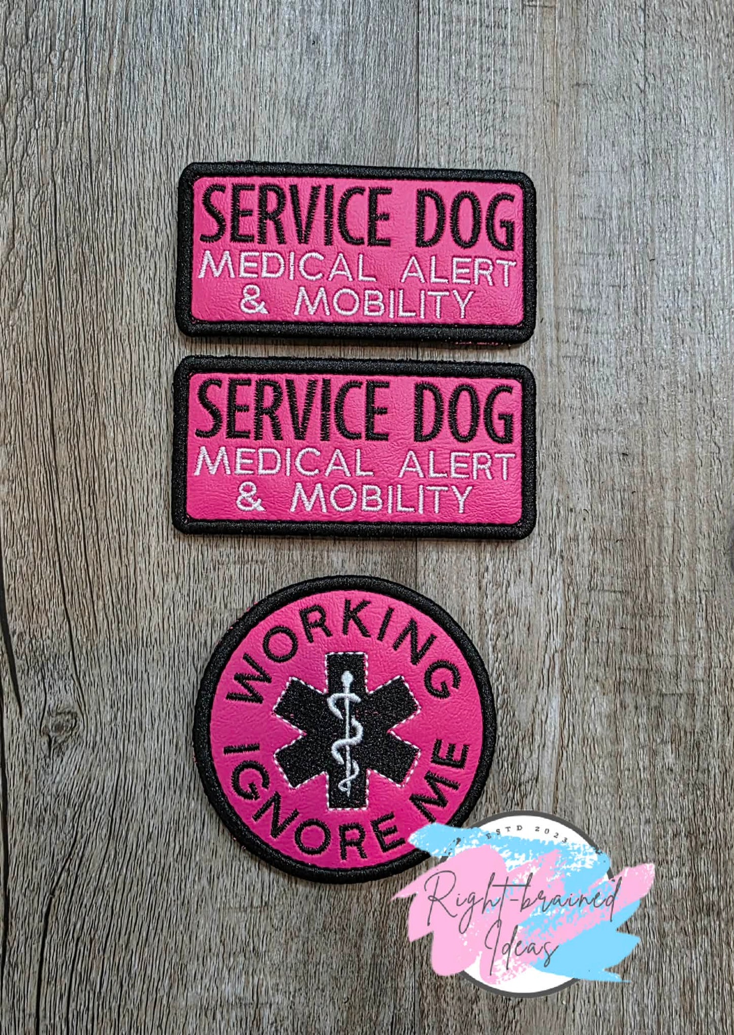 Fun Size Service Dog Medical Alert/Mobility Black And White On Hot Pink Denali Vinyl Three-piece Patch Set