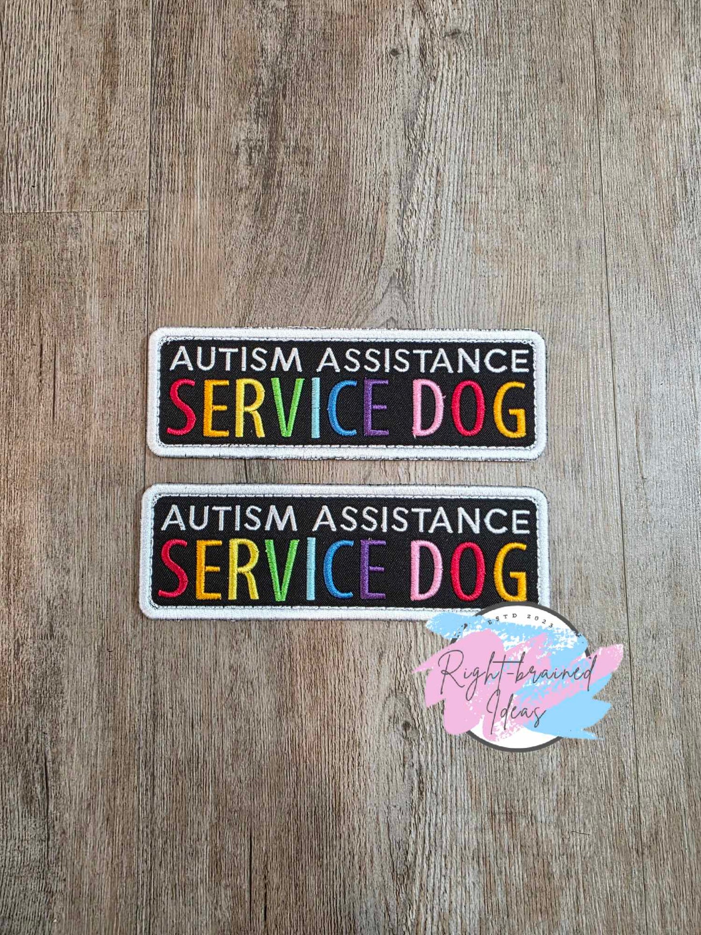 Service Dog Autism Assistance Rainbow and White on Black Light-Weight High Performance Twill Neurodivergent Inspired Four-piece Patch and Leash Wrap Set