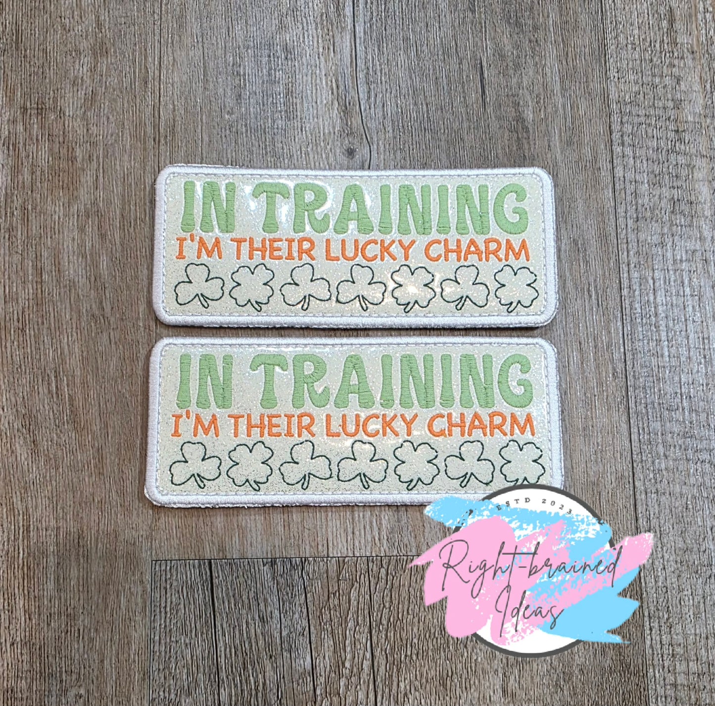 Oversize Shamrock Inspired In Training I'm Their Lucky Charm Flat Matt Mint Green, Flat Matt Forest Green, Flat Matt Orange And White On Sparkle White Vinyl Four-piece Patch Set With Oversized Patches