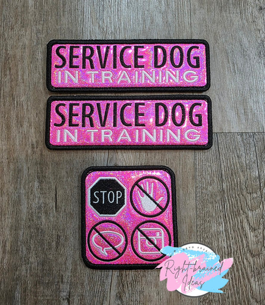 Service Dog In Training Black And White On Sparkle Pink Holographic Vinyl Three-piece Patch Set