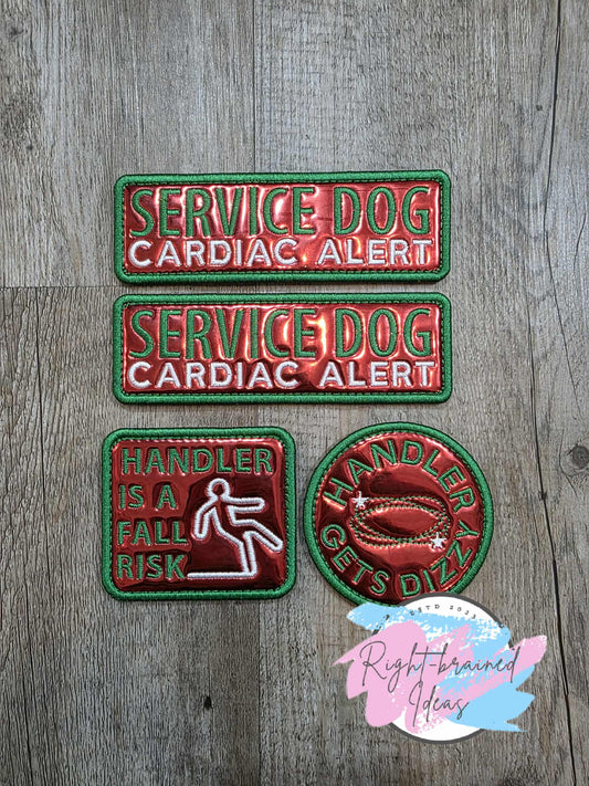 Service Dog Cardiac Alert Satin Green And White On Red Metallic Vinyl Four-piece Patch Set
