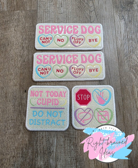 Frosted And Sassy Conversation Heart Inspired Service Dog Can U Not Multi-colored On Sparkle White Vinyl Four-piece Oversized Patch Set
