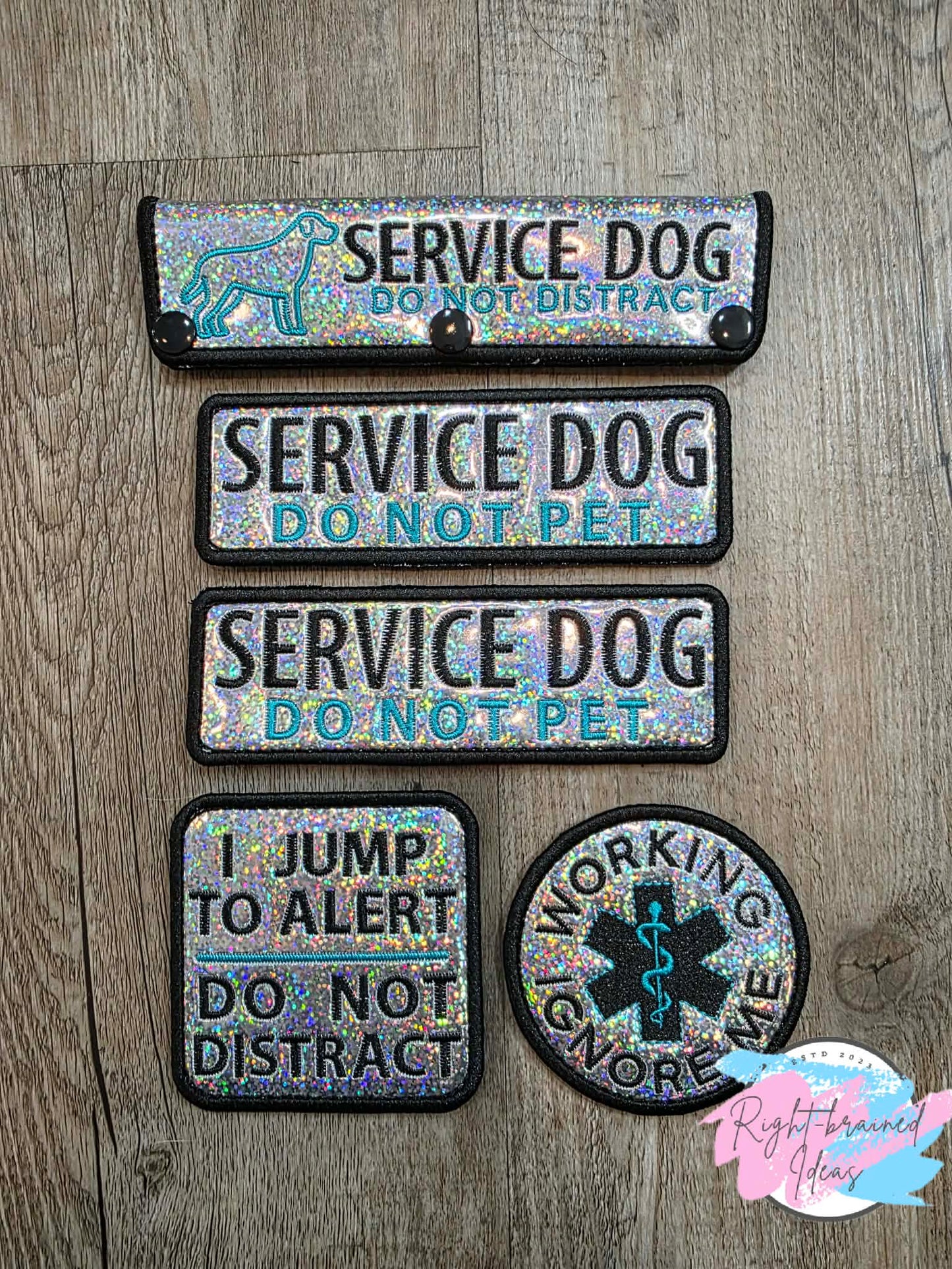 Service Dog Do Not Pet Black And Teal On Sparkle Silver Holographic Vinyl Five-piece Patch And Leash Wrap Set