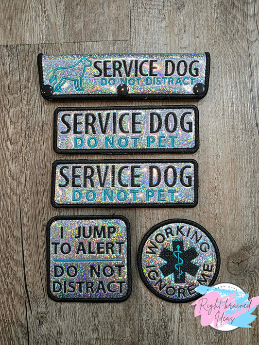 Service Dog Do Not Pet Black And Teal On Sparkle Silver Holographic Vinyl Five-piece Patch And Leash Wrap Set