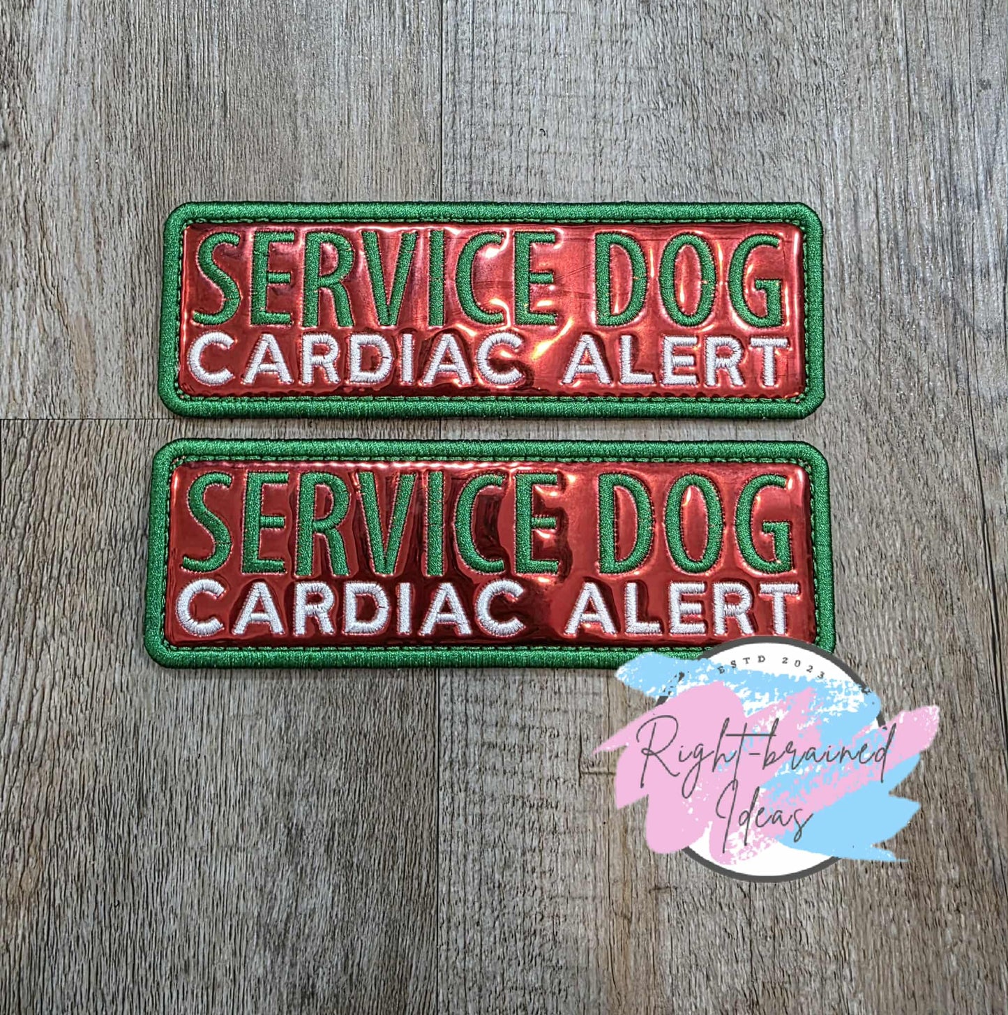 Service Dog Cardiac Alert Satin Green And White On Red Metallic Vinyl Four-piece Patch Set