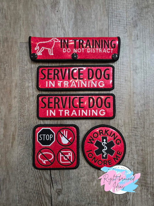 In Training Do Not Distract Black And White On Sparkle Red Vinyl Five-piece Patch and Leash Wrap Set
