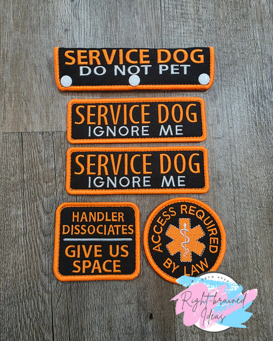 Service Dog Ignore Me Neon Orange And White On Lightweight High Performance Black Twill Five-piece Patch And Leash Wrap Set
