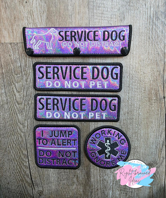 Service Dog Do Not Pet Black And White On Sparkle Purple Holographic Vinyl Five-piece Patch And Leash Wrap Set
