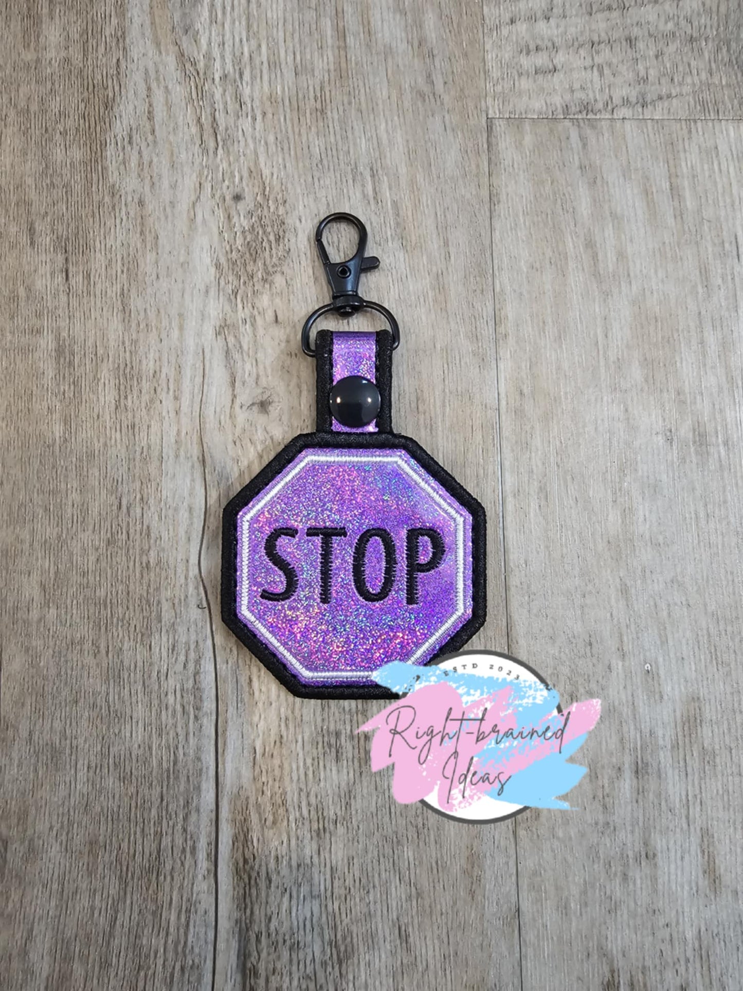 STOP Black and White on Holographic Sparkle Purple Vinyl Hexagonal Patch Tab