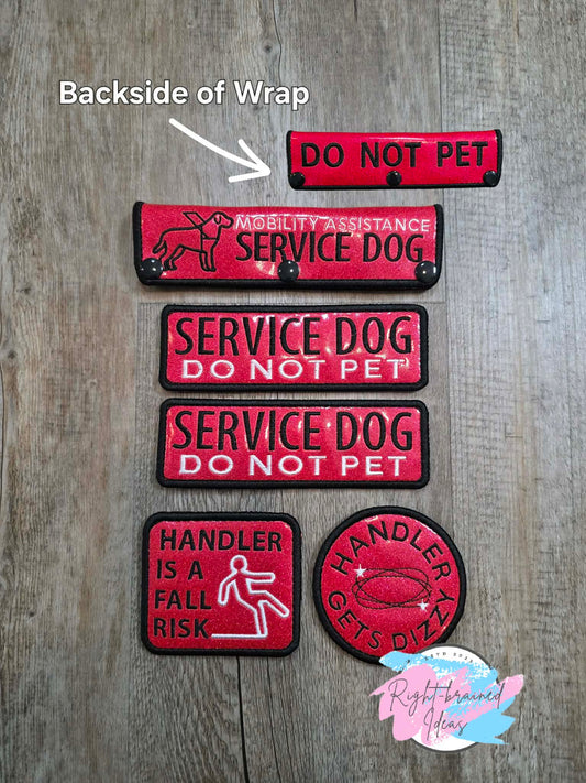 Service Dog Do Not Pet Black And White On Sparkle Red Vinyl Five-piece Patch And Double-sided Leash Wrap Set