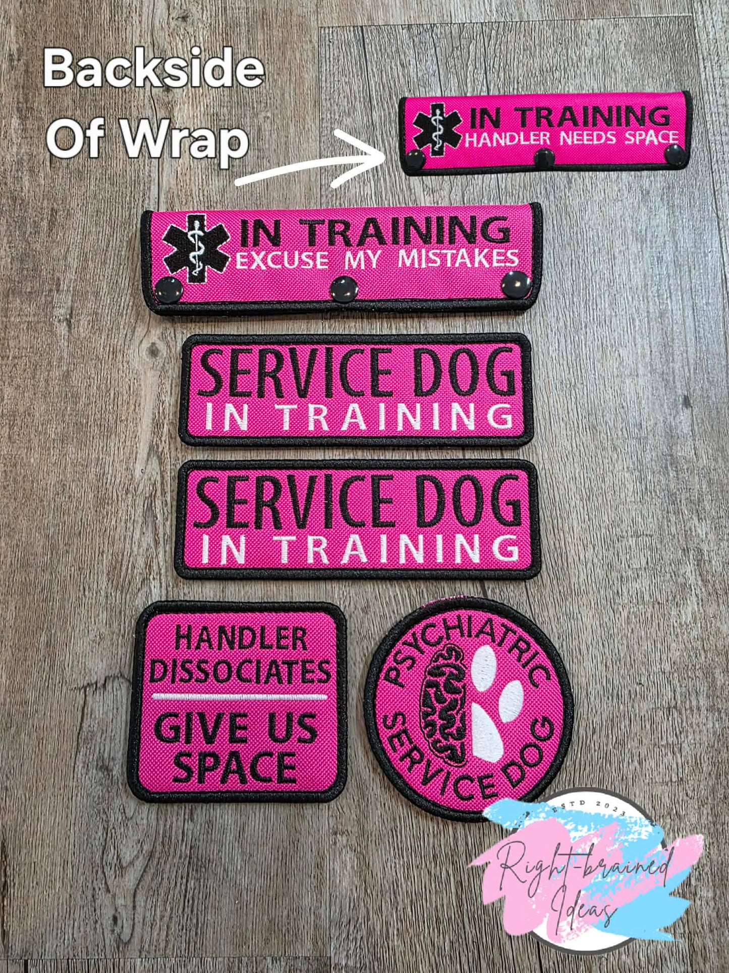 Service Dog In Training White And Black On Fuchsia Ottertex Canvas Five-piece Patch And Double-sided Leash Wrap Set