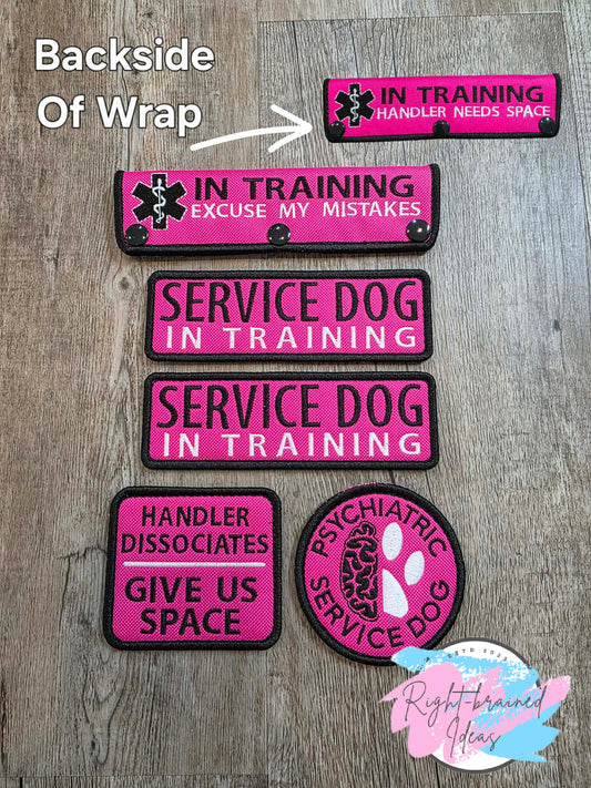 Service Dog In Training White And Black On Fuchsia Ottertex Canvas Five-piece Patch And Double-sided Leash Wrap Set
