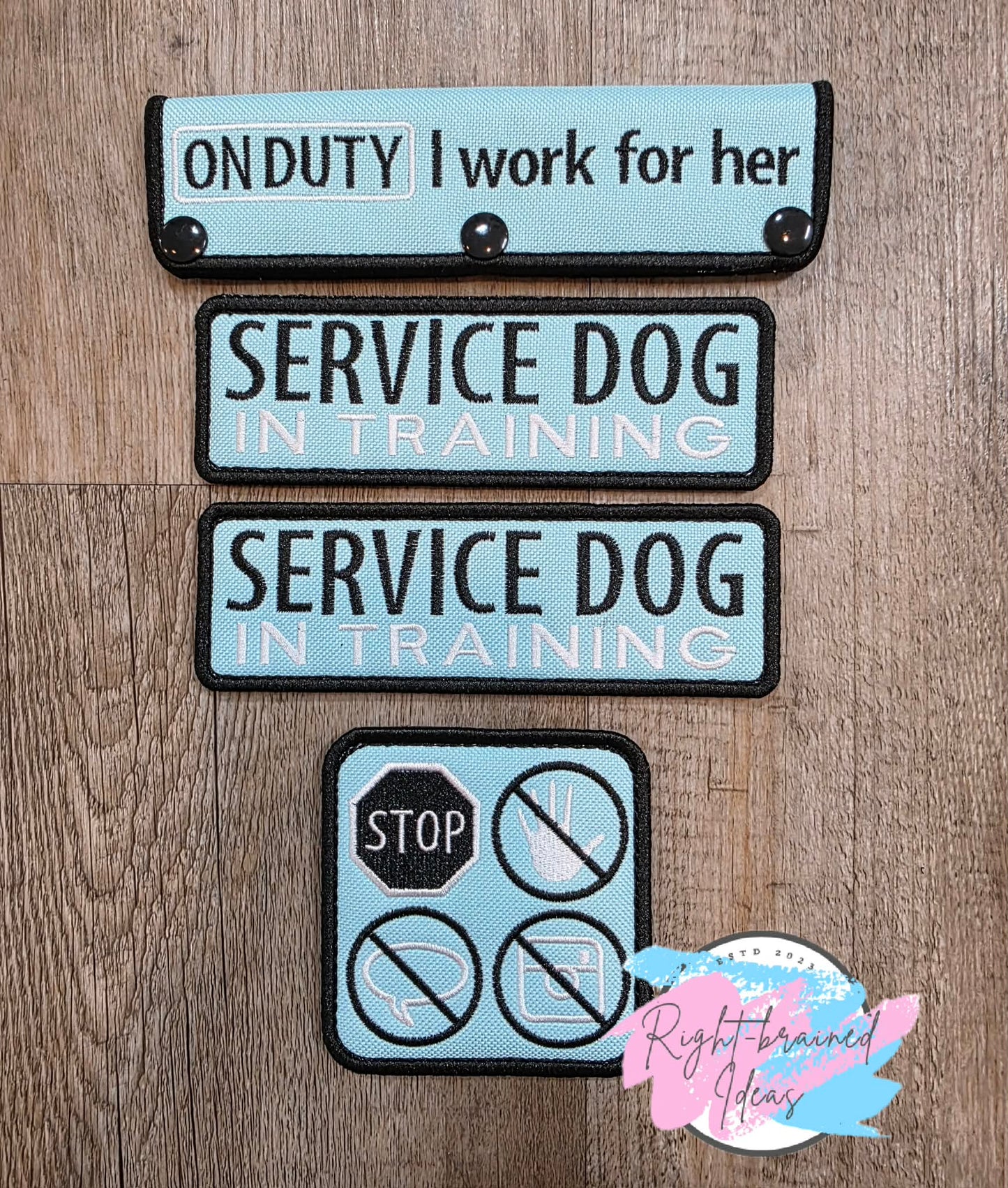 On Duty Service Dog Black And White On Light Blue Canvas Four-piece Patch And Leash Wrap Set