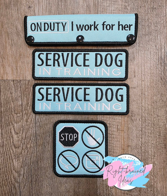 On Duty Service Dog Black And White On Light Blue Canvas Four-piece Patch And Leash Wrap Set
