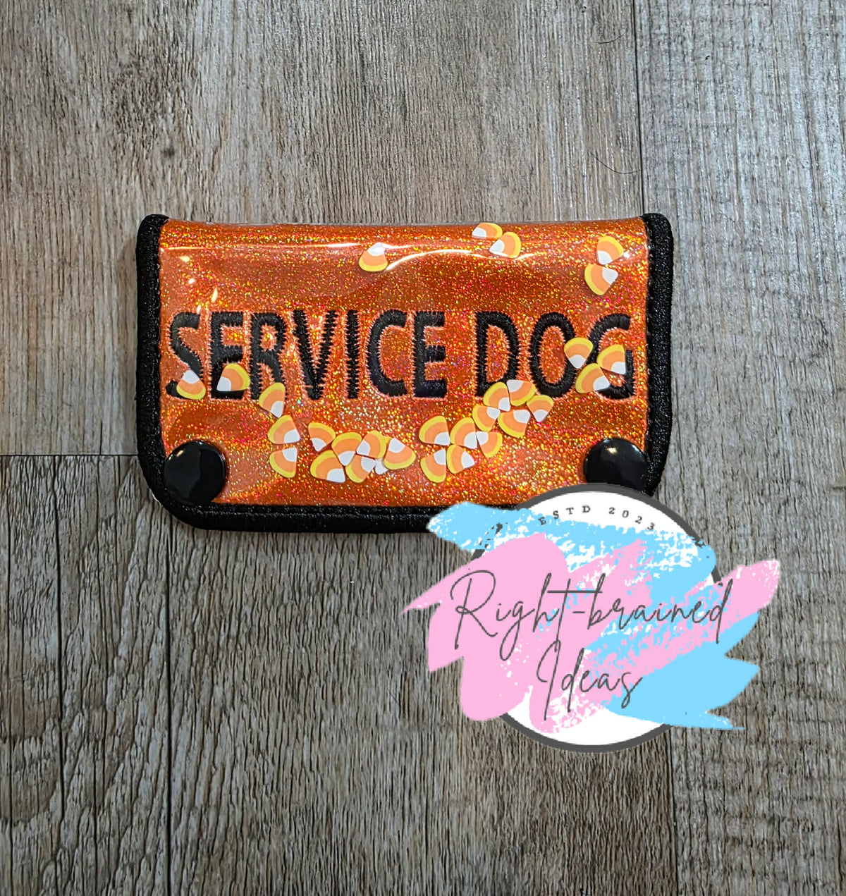 Candy Corn Service Dog Black On Sparkle Orange Holographic Vinyl Confetti Shaker Wrap