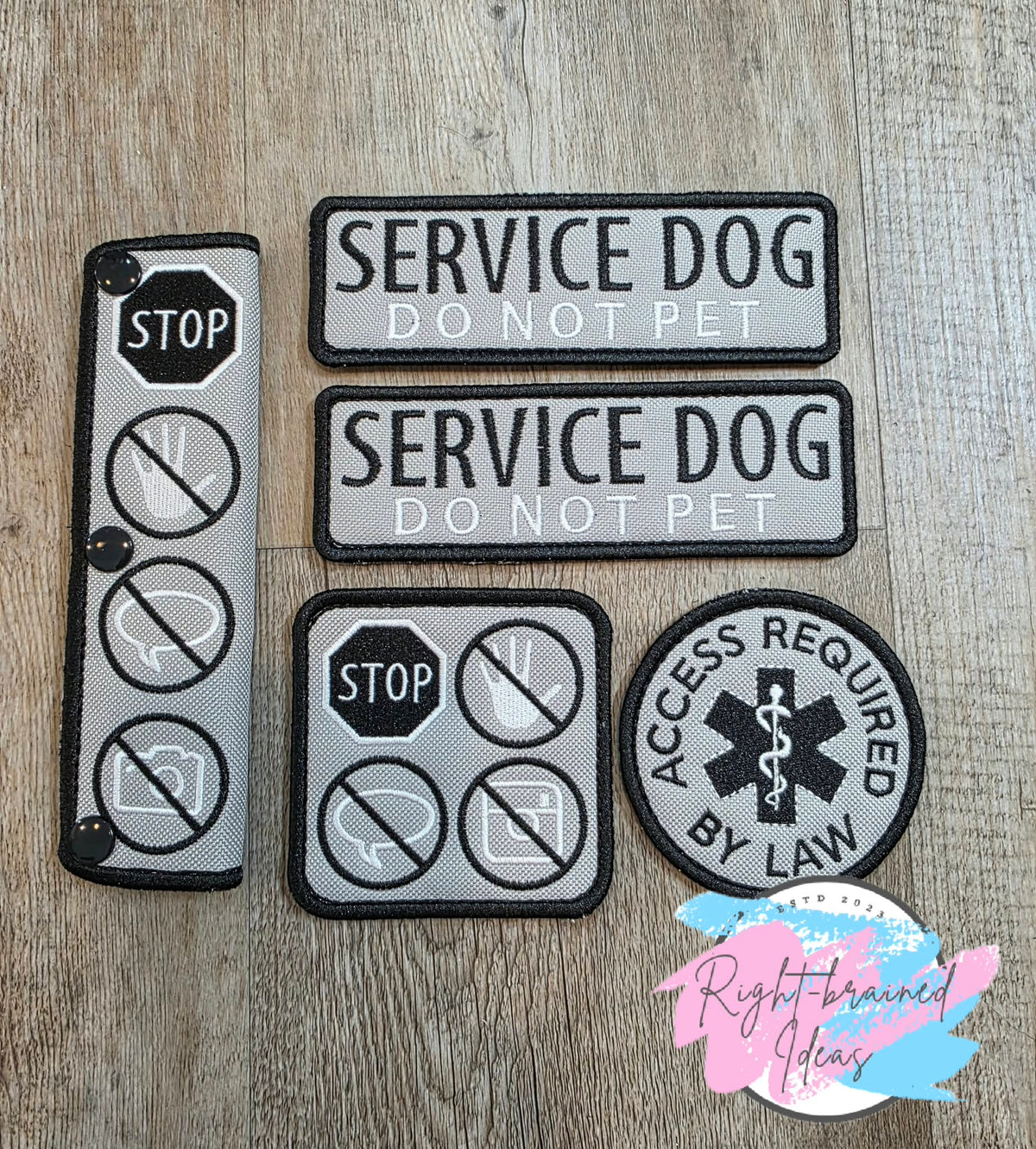 Service Dog Do Not Pet White And Black On Grey Ottertex Canvas Five-piece Patch And Leash Wrap Set