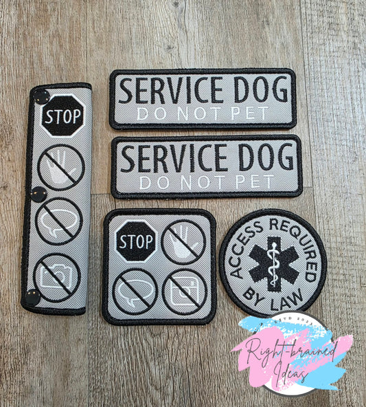 Service Dog Do Not Pet White And Black On Grey Ottertex Canvas Five-piece Patch And Leash Wrap Set