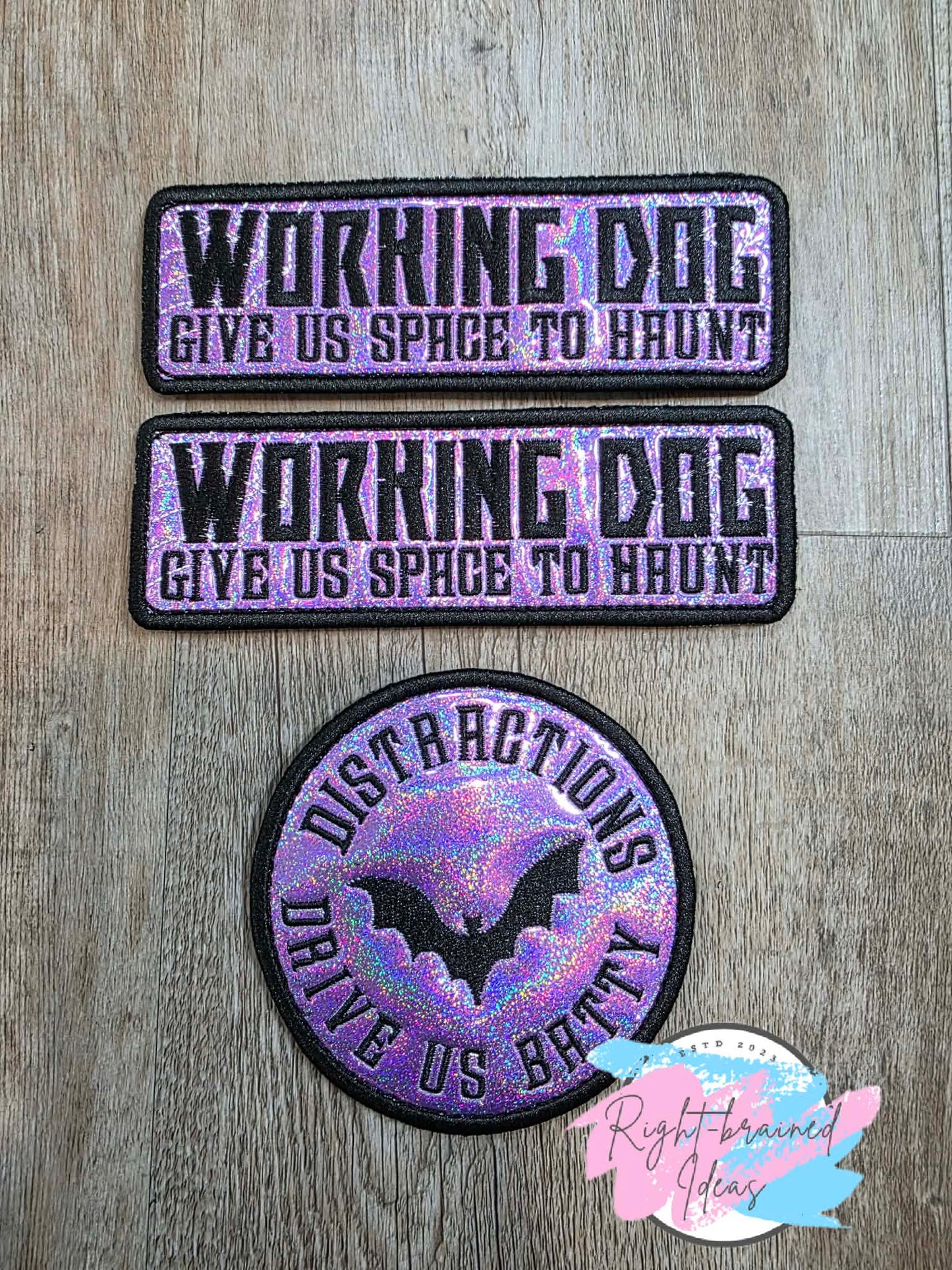 Spooky Season Inspired Working Dog Black And White On Sparkle Purple Holographic Vinyl Three-piece Patch Set