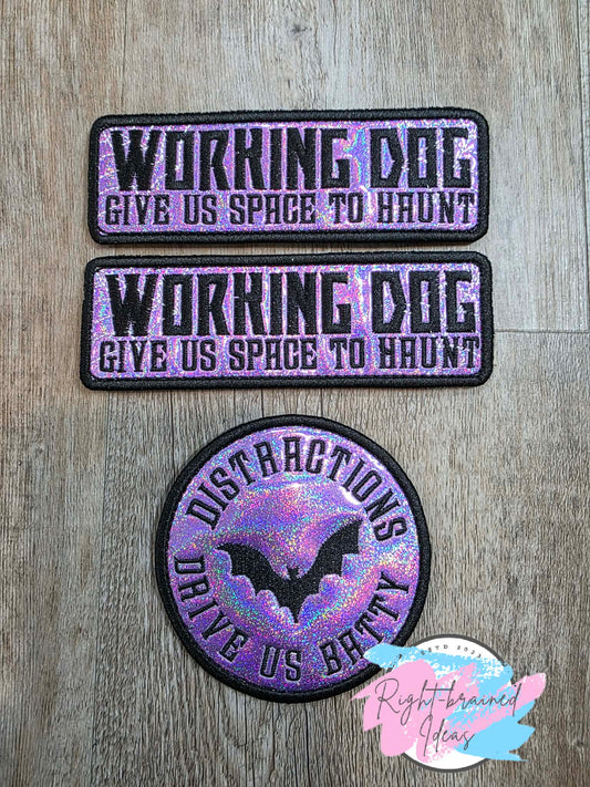 Spooky Season Inspired Working Dog Black And White On Sparkle Purple Holographic Vinyl Three-piece Patch Set