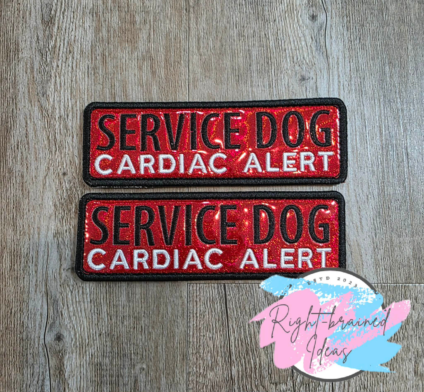 Service Dog Cardiac Alert White And Black On Sparkle Red Holographic Vinyl Five-piece Patch And Leash Wrap Set
