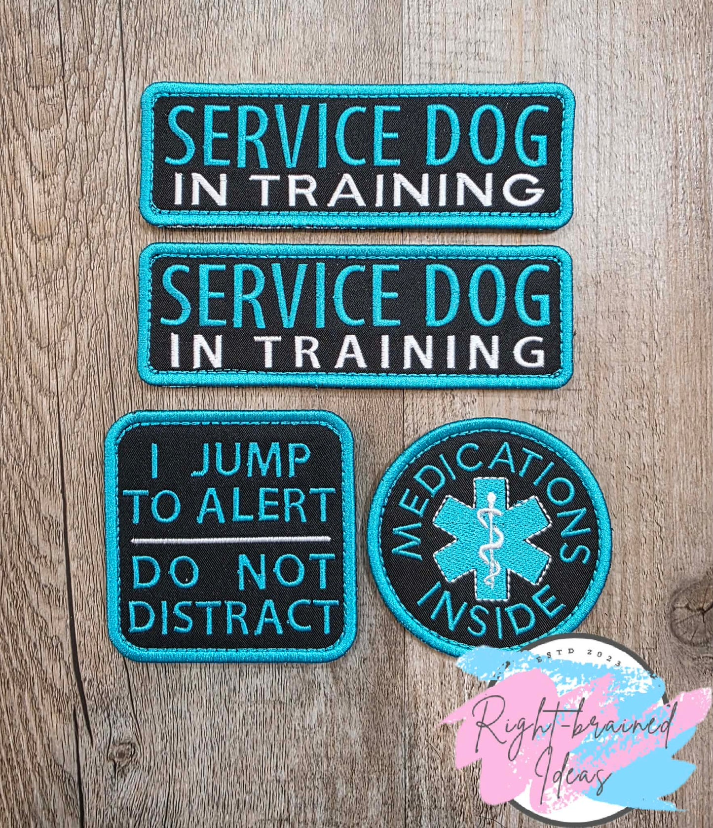 Service Dog In Training Teal And White On Lightweight High Performance Black Twill Four-piece Patch Set