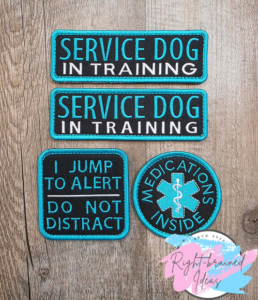 Service Dog In Training Teal And White On Lightweight High Performance Black Twill Four-piece Patch Set