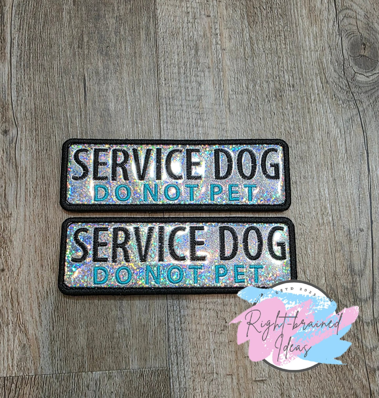 Service Dog Do Not Pet Teal And Black On Sparkle Silver Holographic Vinyl Four-piece Patch Set