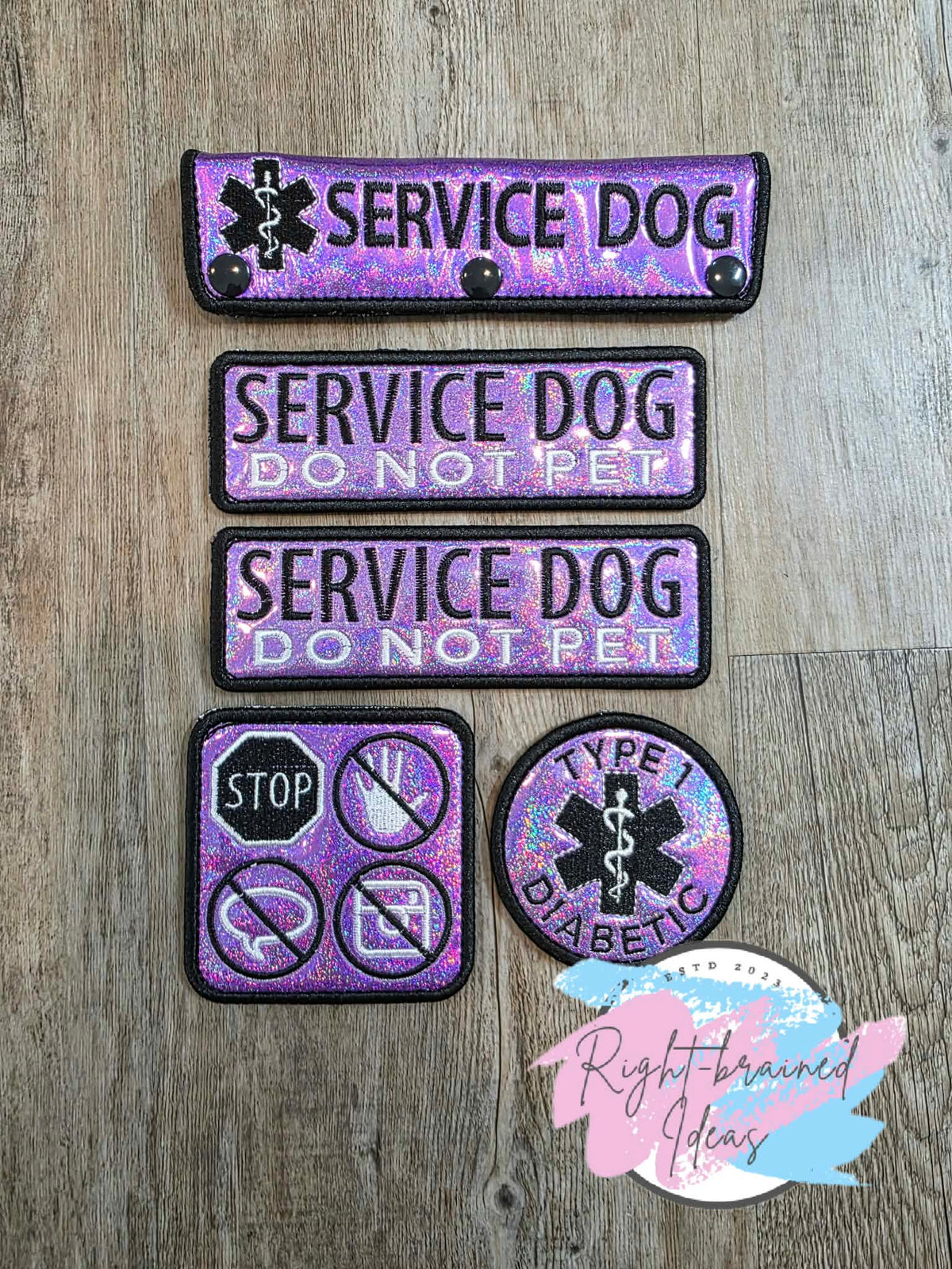 Service Dog Do Not Pet White And Black On Sparkle Purple Holographic Vinyl Five-piece Patch And Leash Wrap Set