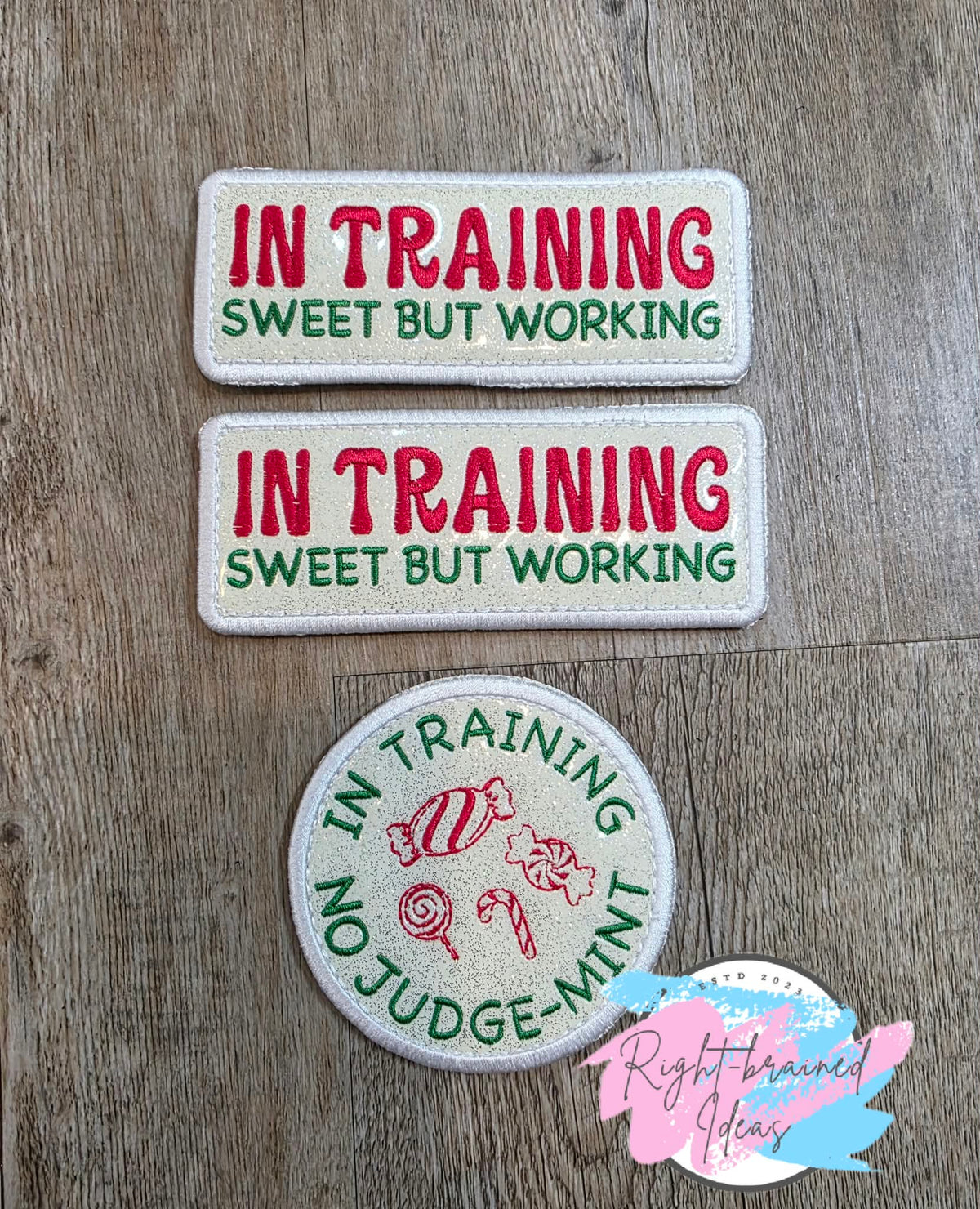 Peppermint Inspired Fun Size In Training Red And Green On Sparkle White Vinyl Three-piece Patch Set