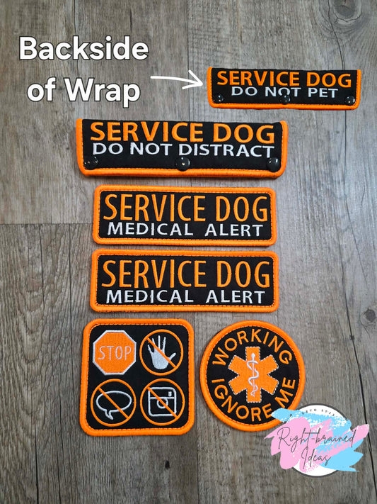 Service Dog Medical Alert Neon Orange And White On Lightweight High Performance Black Twill Five-piece Patch And Double-sided Leash Wrap Set