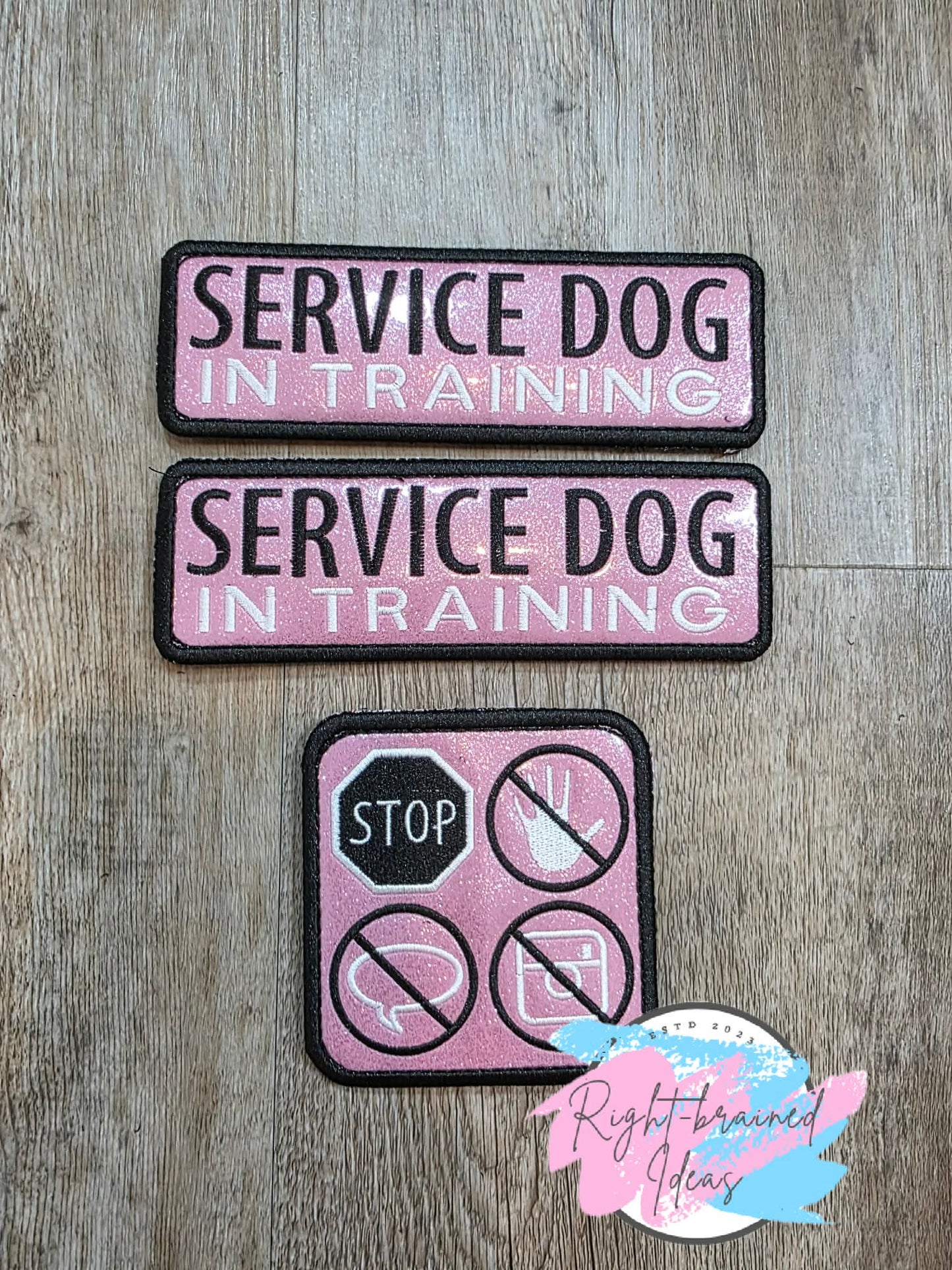 Service Dog In Training Black And White On Sparkle Light Pink Vinyl Three-piece Patch Set