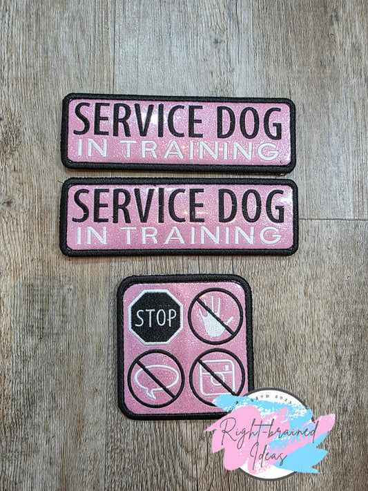 Service Dog In Training Black And White On Sparkle Light Pink Vinyl Three-piece Patch Set