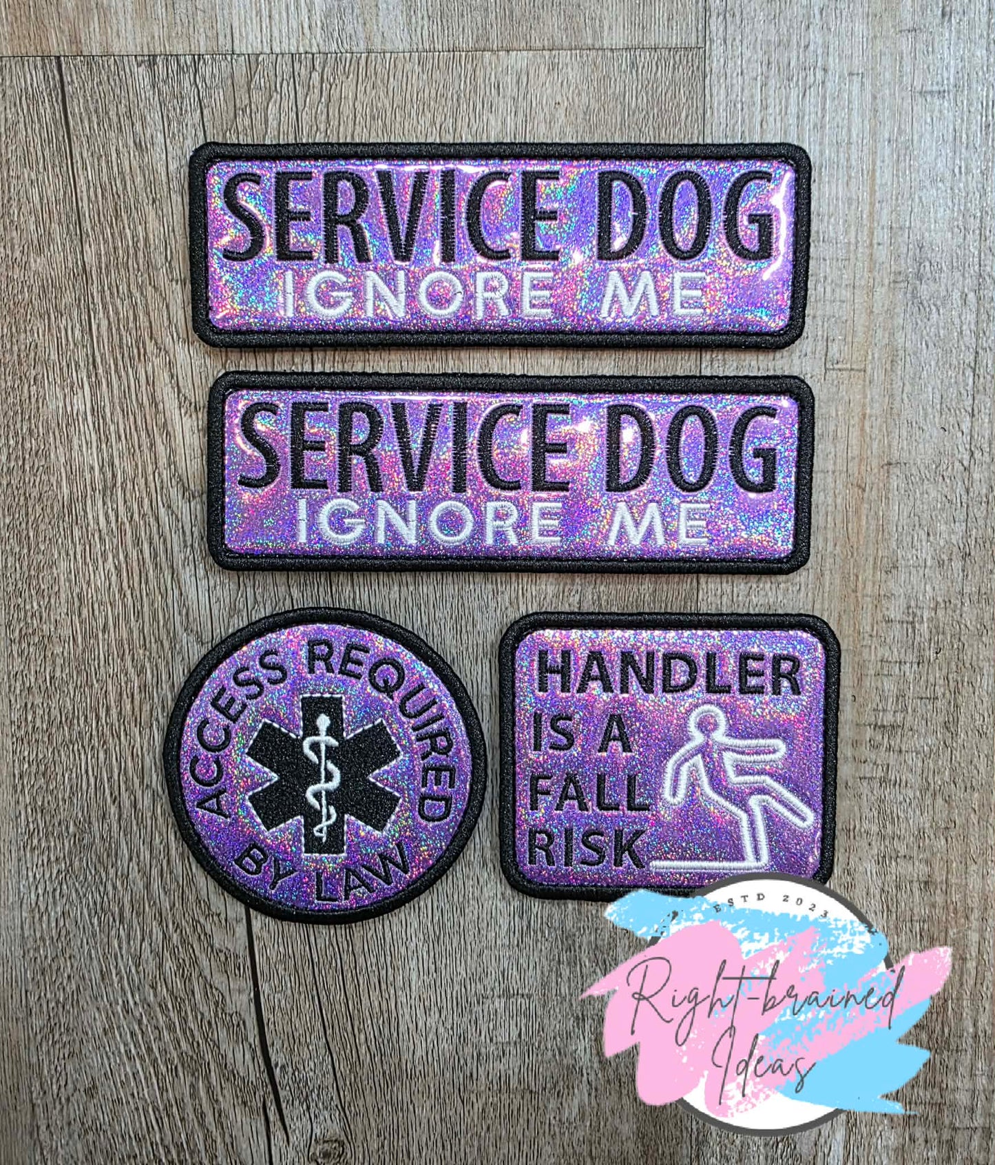 Service Dog Ignore Me White And Black On Sparkle Purple Holographic Vinyl Four-piece Patch Set