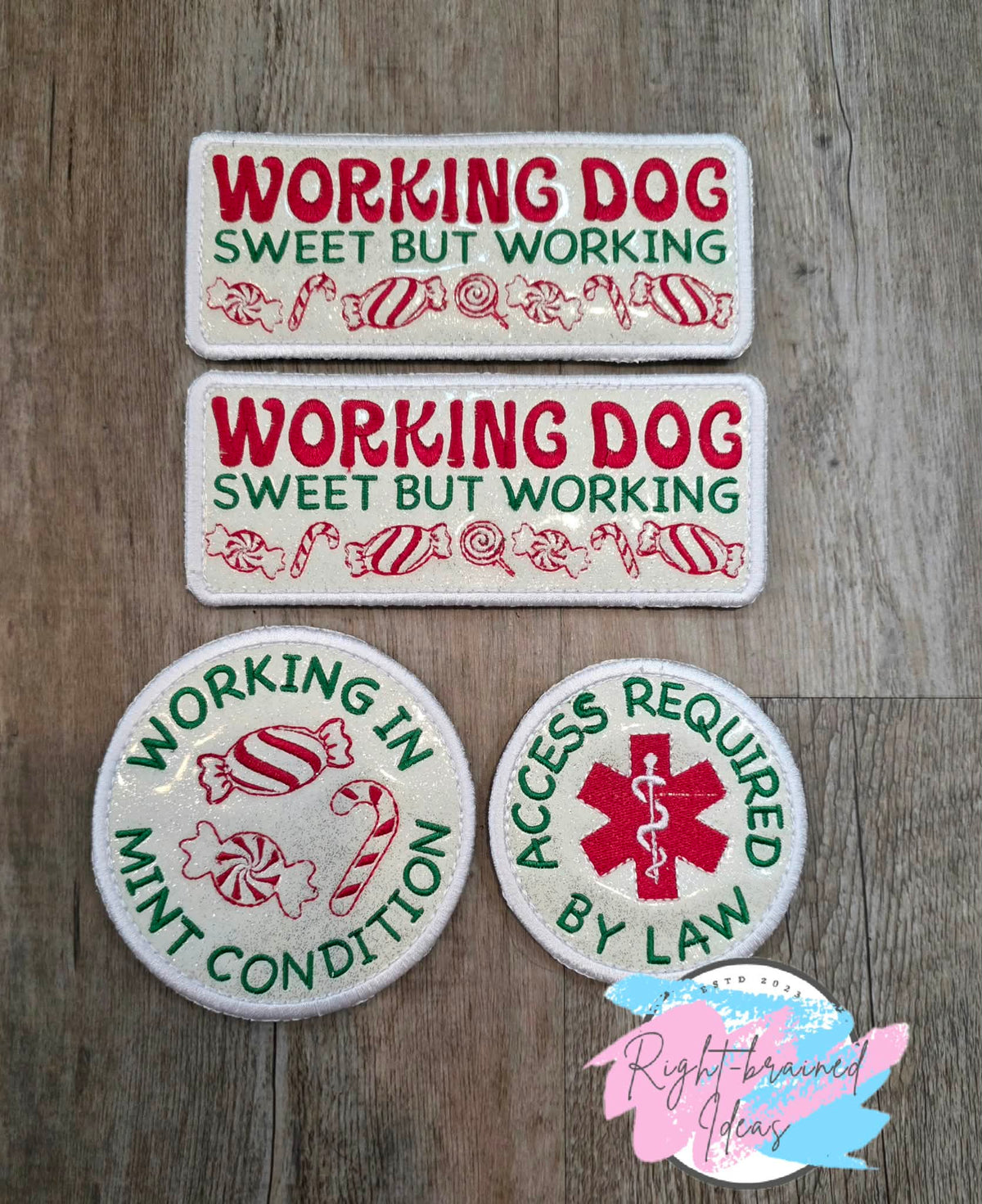 Peppermint Inspired Oversize Working Dog Red And Green On Sparkle White Vinyl Four-piece Patch Set