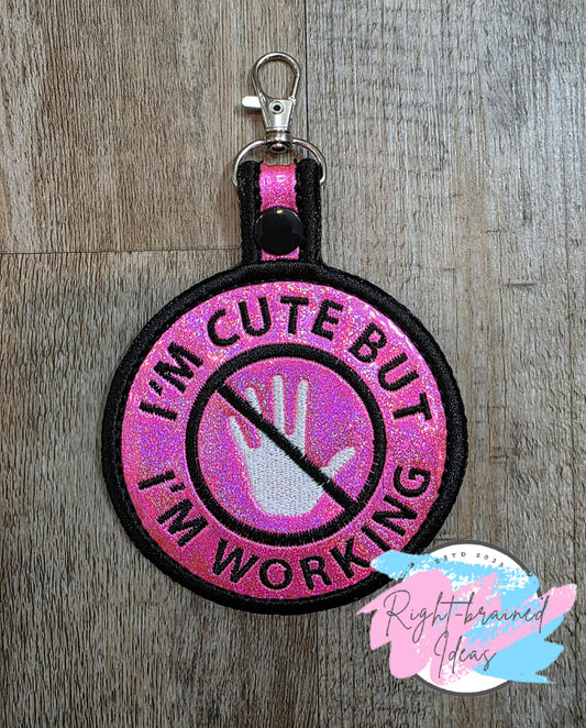 *Minor Cosmetic Flaw* I'm Cute But I'm Working Black And White On Sparkle Pink Holographic Vinyl Patch Tab