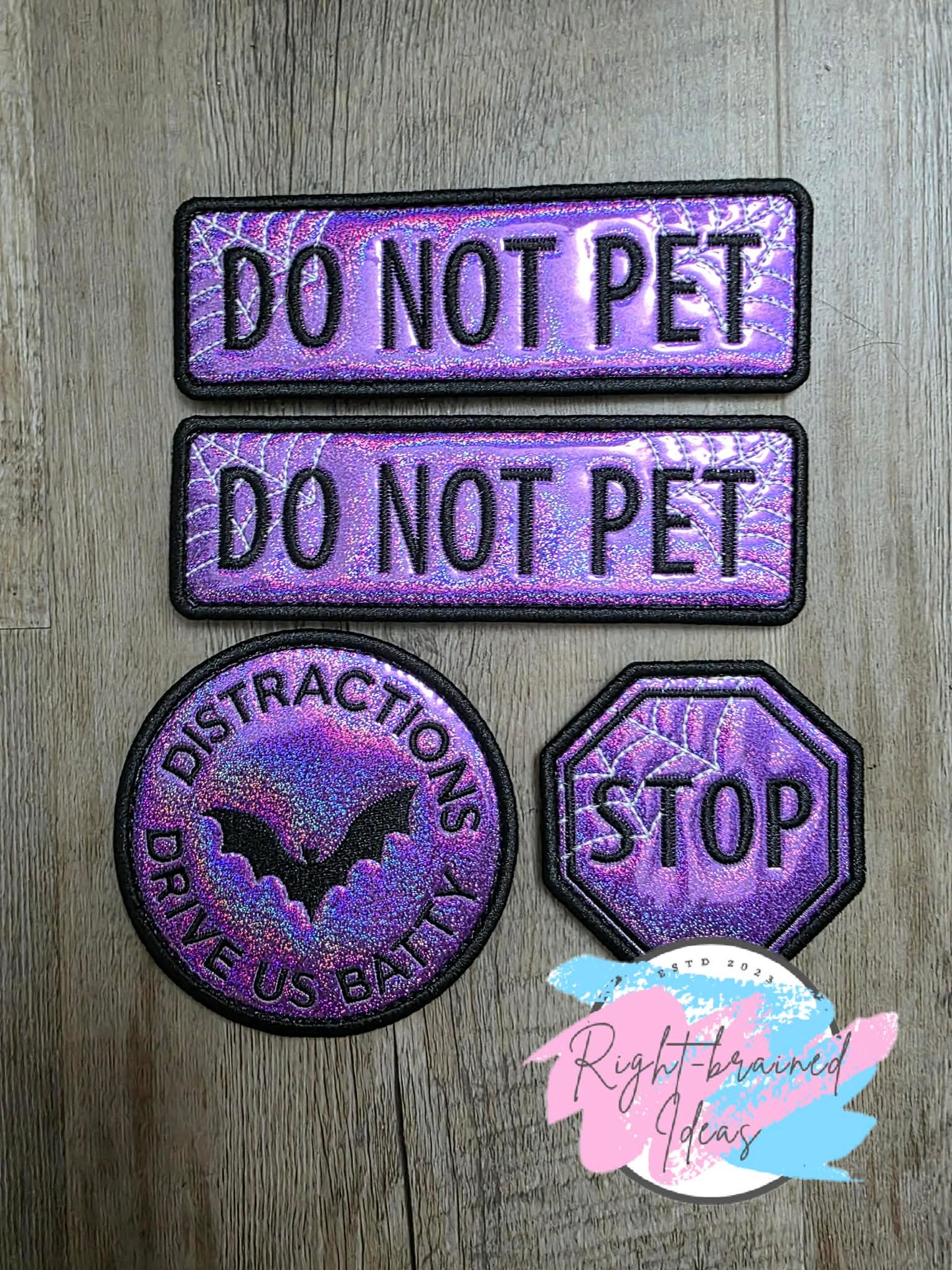Do Not Pet Creepy Crawley Inspired Black and Glow-in-the-Dark White on Sparkle Purple Holographic Vinyl Four-piece Patch Set