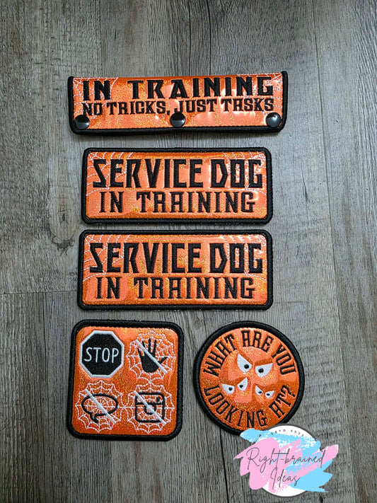 Creepy Crawley Inspired Service Dog In Training Glow-In-The-Dark White And Black On Sparkle Neon Orange Holographic Vinyl Five-piece Oversized Patch And Leash Wrap Set