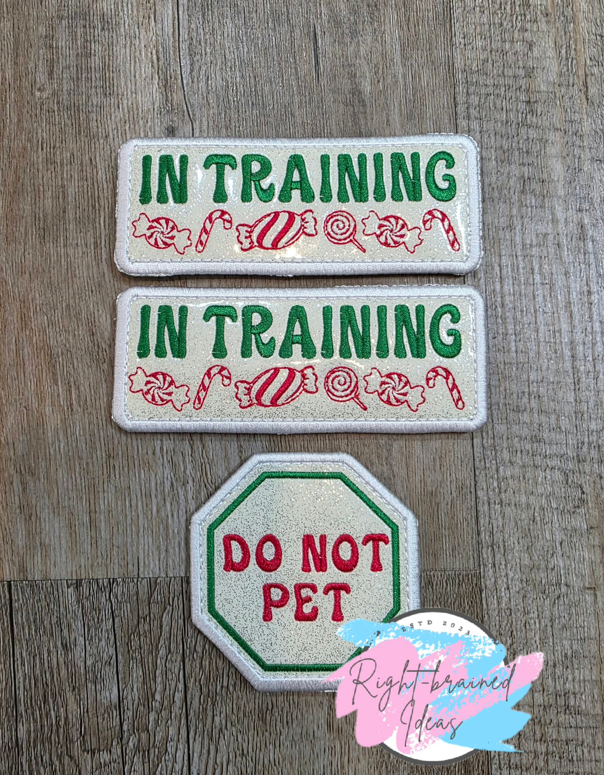 Peppermint Inspired Fun Size Do Not Pet Red And Green On Sparkle White Vinyl Three-piece Patch Set
