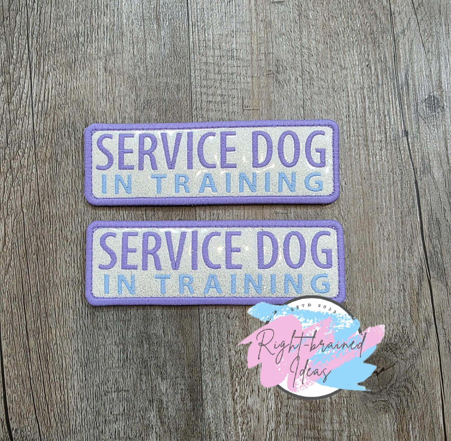 Frosted Service Dog In Training Flat Matt Lavender/Baby Blue On Sparkle White Vinyl Five-piece Patch and Leash Wrap Set