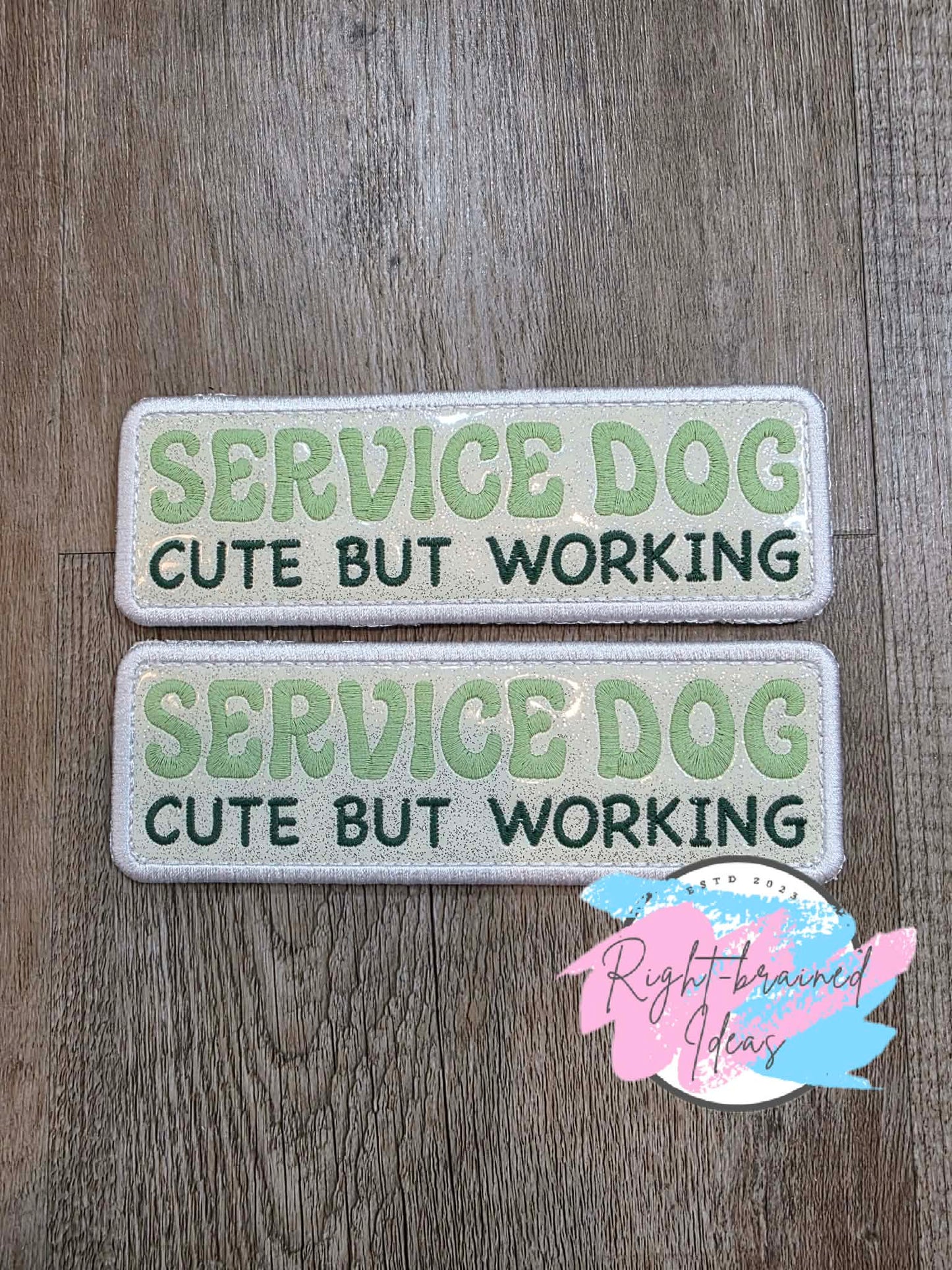 Shamrock Inspired Service Dog Cute But Working Flat Matt Mint Green, Flat Matt Forest Green, Flat Matt Orange And White On Sparkle White Vinyl Four-piece Patch Set