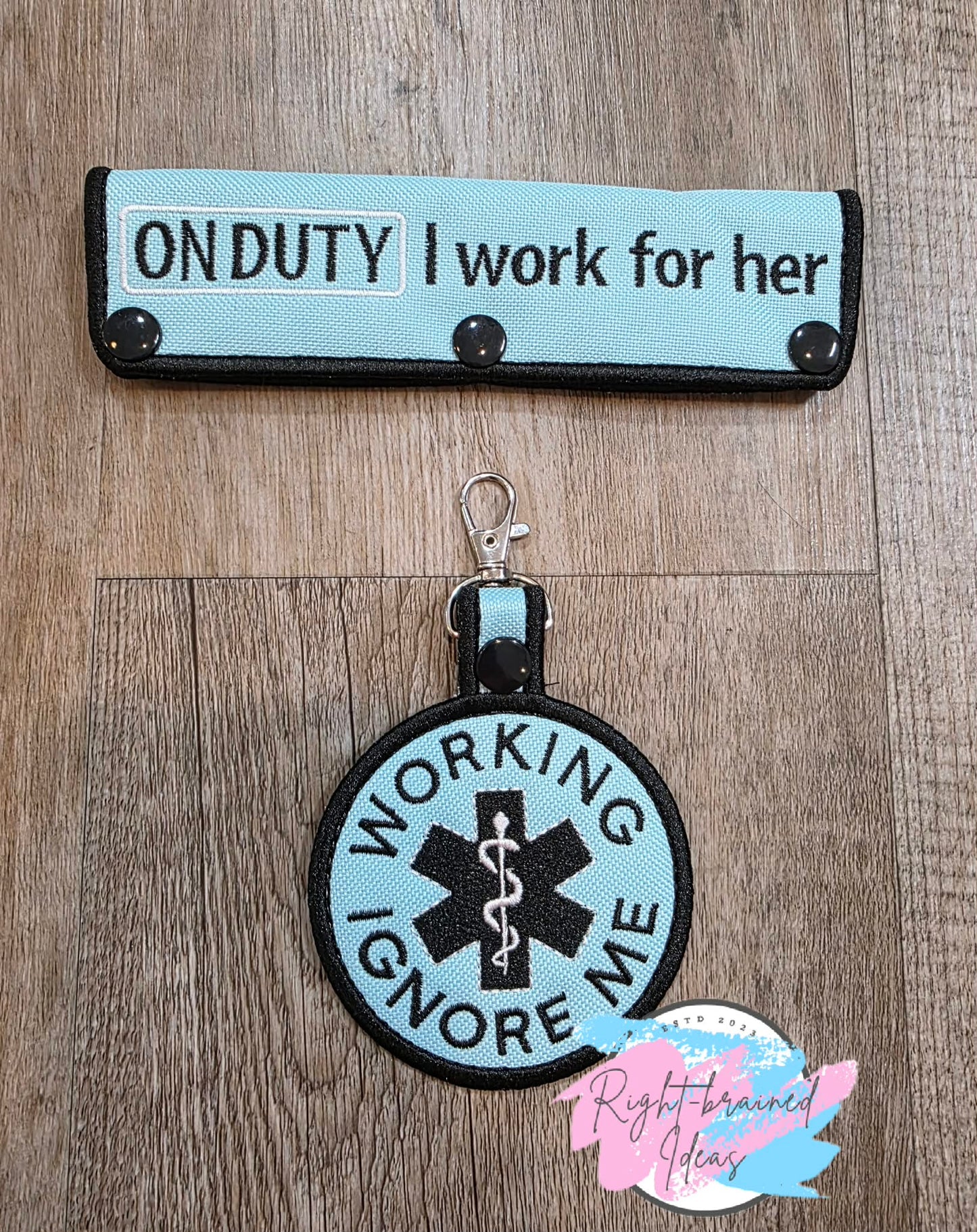 On Duty I Work For Her Black And White On Light Blue Ottertex Canvas Two-piece Leash Wrap And Patch Tab Set